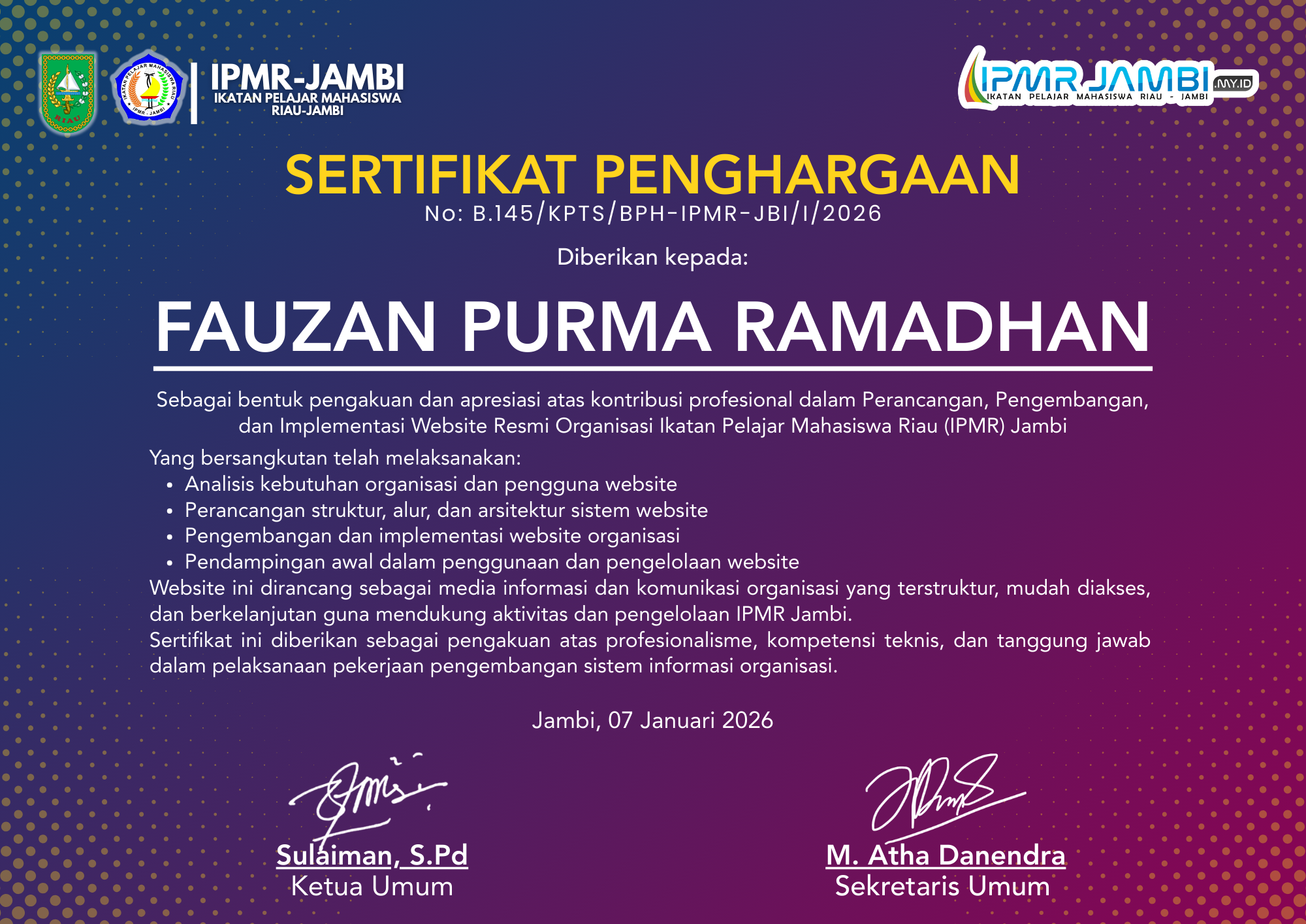 Implementasi Website Resmi Organisasi Ikatan Pelajar Mahasiswa Riau (IPMR) Jambi