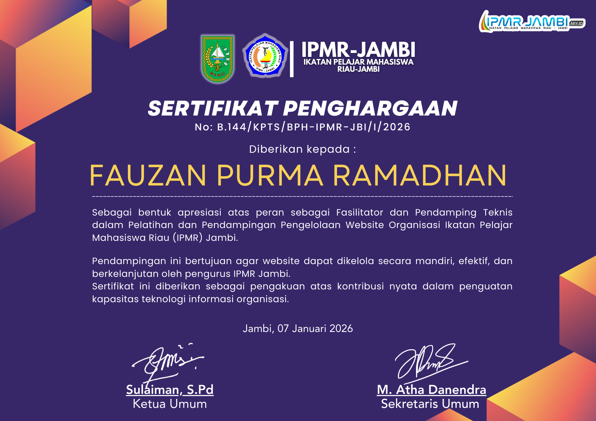 Pelatihan dan Pendampingan Pengelolaan Website Organisasi Ikatan Pelajar Mahasiswa Riau (IPMR) Jambi.